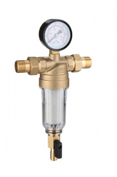Brass water pre-filter with pressure gauge
